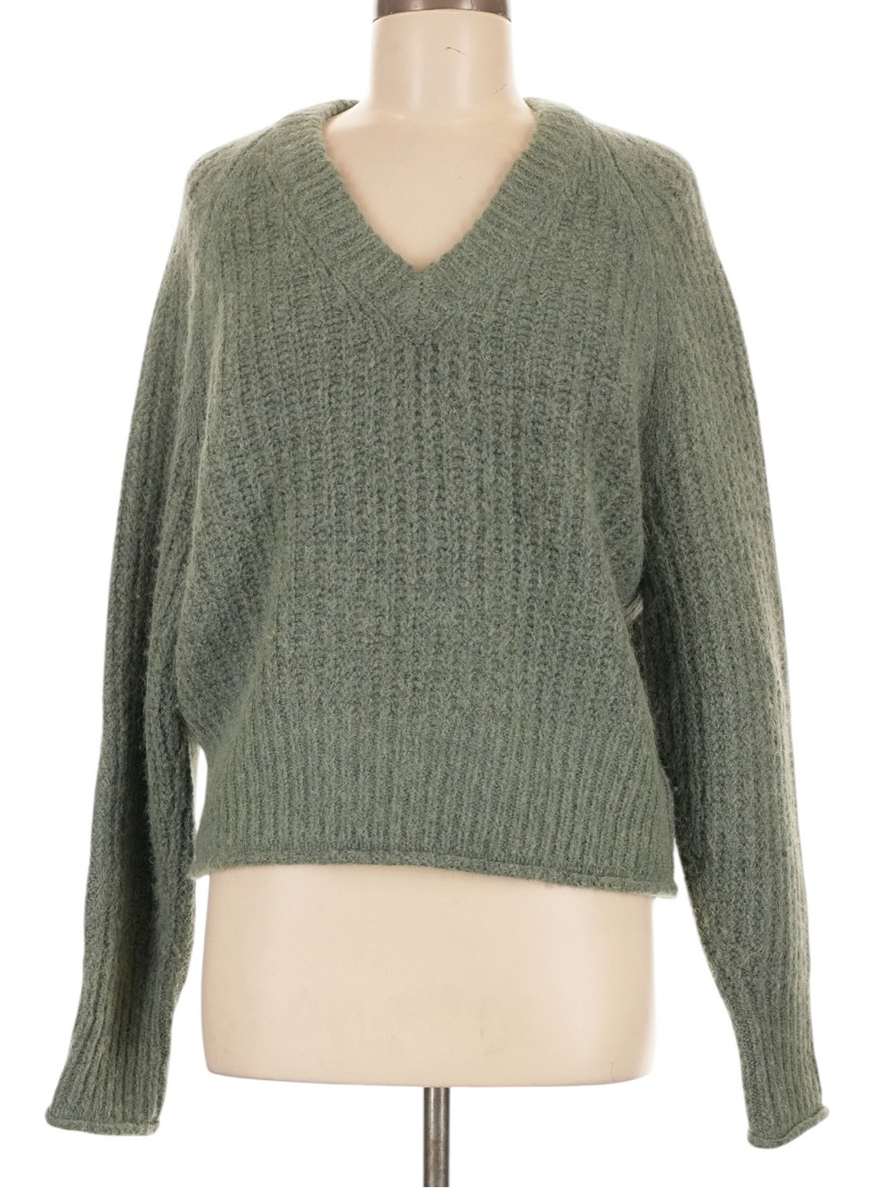 J. Crew Ribbed V-Neck Sweater in Wool Blend M Sage Green Wool Alpaca Fuzzy